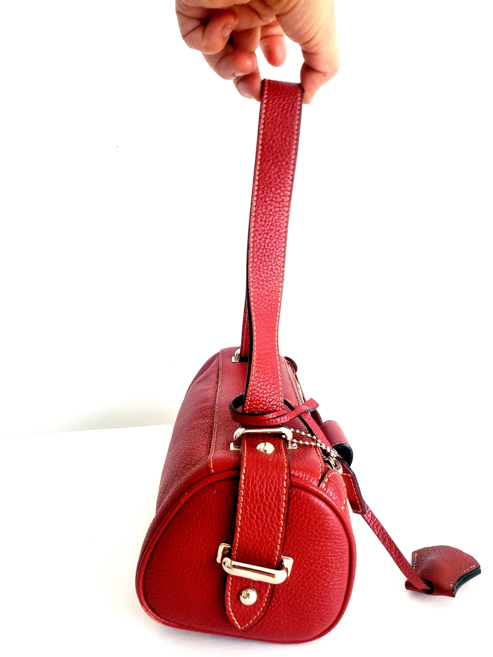Red Pebbled Leather Mini Barrel Crossbody Bag - Picture 3 of 5